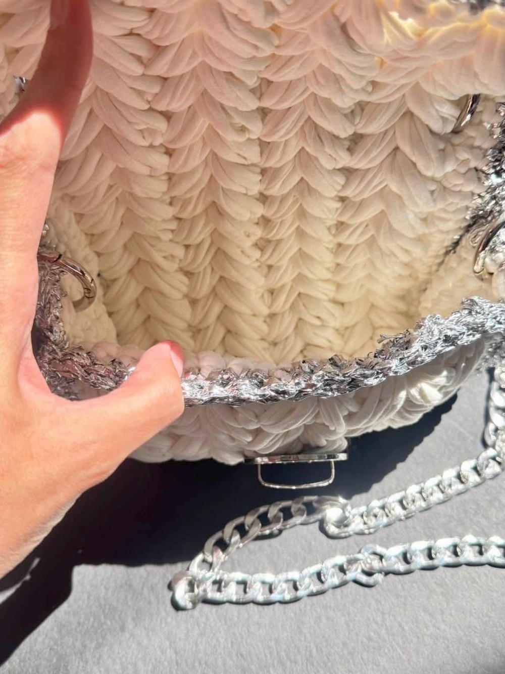 White Crochet Mini Top-Handle Bag with Silver Trim - Picture 5 of 6